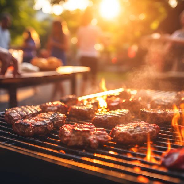 Grill mit glühender Kohle, saftige Steaks, Sonnenlicht und unscharfe Personen im Hintergrund