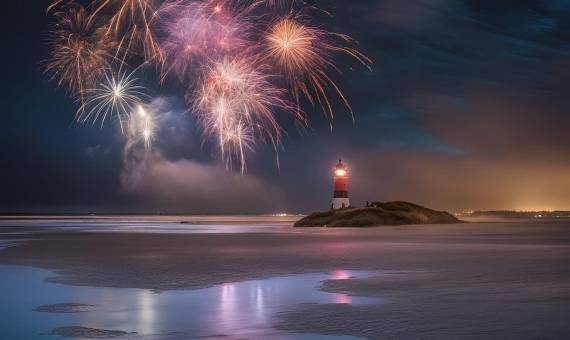 Kleiner Leuchtturm am Inselstrand bei Ebbe. Am Horizont leuchtet buntes Feuerwerk.