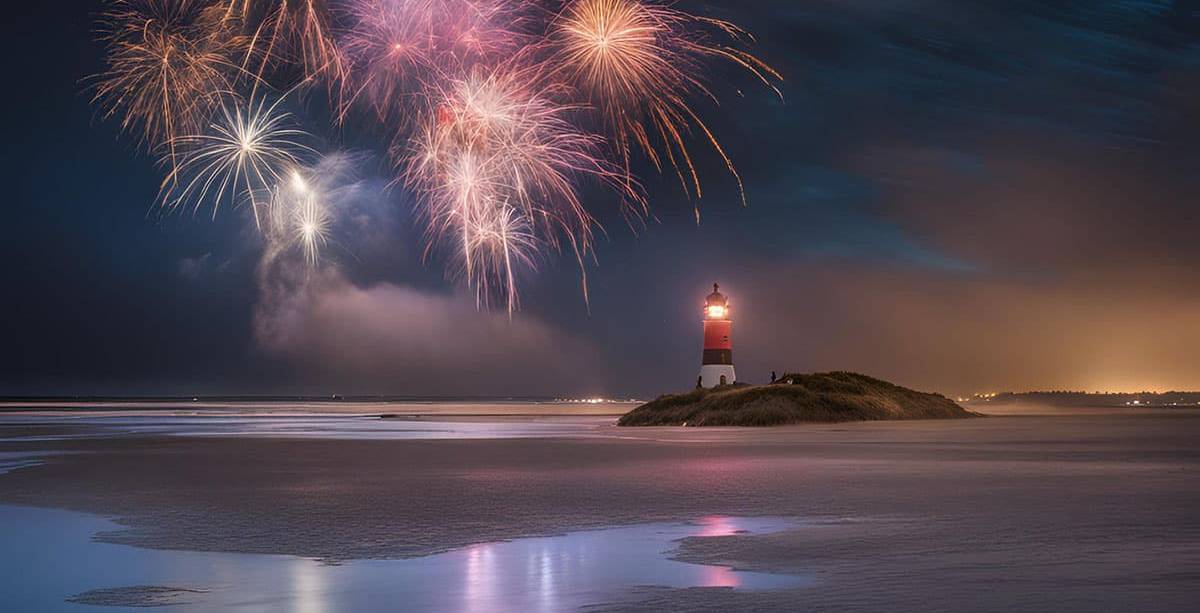 Kleiner Leuchtturm am Inselstrand bei Ebbe. Am Horizont leuchtet buntes Feuerwerk.